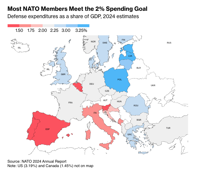 NATO üyelerinin savunma harcamalarının GSYH'ye oranı (Bloomberg News)